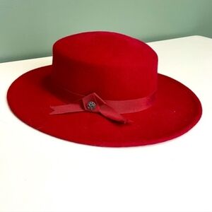 Vintage 100% Wool Red Boater Style Hat With Scarf
